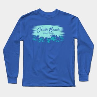 South Beach Miami, Florida Retro Beach Landscape with Palm Trees Long Sleeve T-Shirt